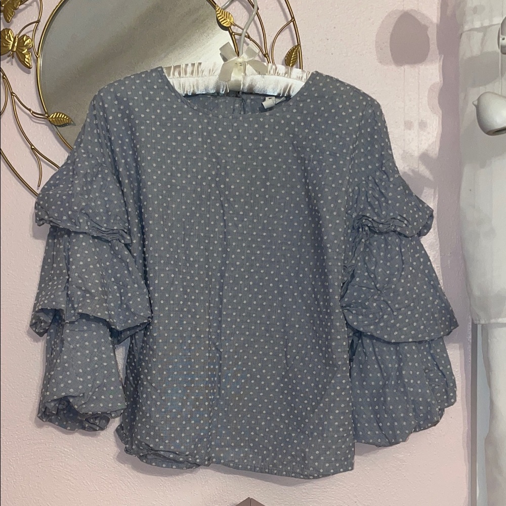 Polka Dot Ruffle Sleeve Top - Gray